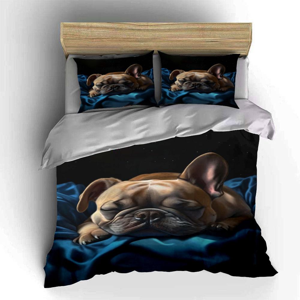 3pcs French Bulldog Bedding Set Blue + Dog Print (1Duvet Cover + 2Pillowcase) for Bedroom Decor,Single Double, Multiple Sizese