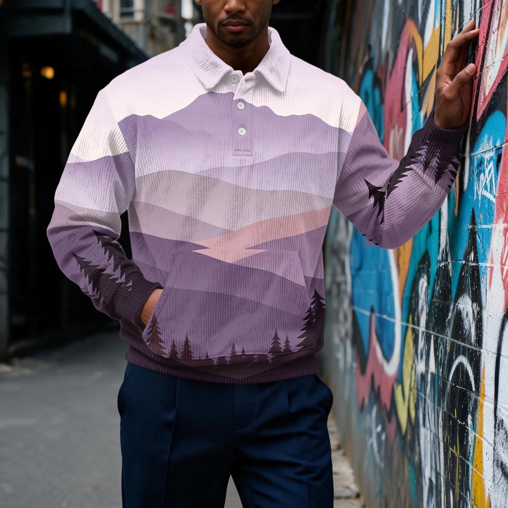 Men's Retro Corduroy Long Sleeve Printed Button-Front Top with Collar and Pocket Casual Shirt