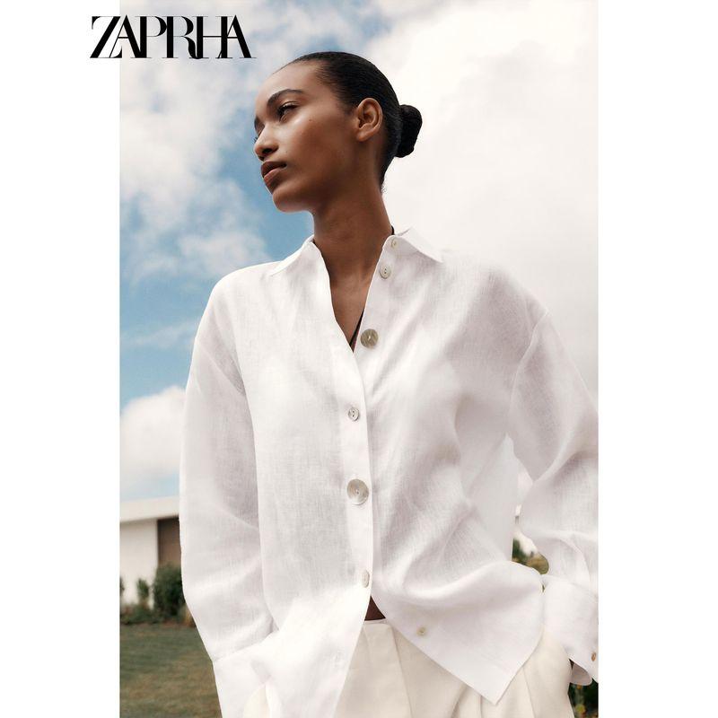 Zaprha 2025 Summer New Versitile Fashion Patchwork Button Decoration Linen Lapel Long Sleeve Shirts 8117707