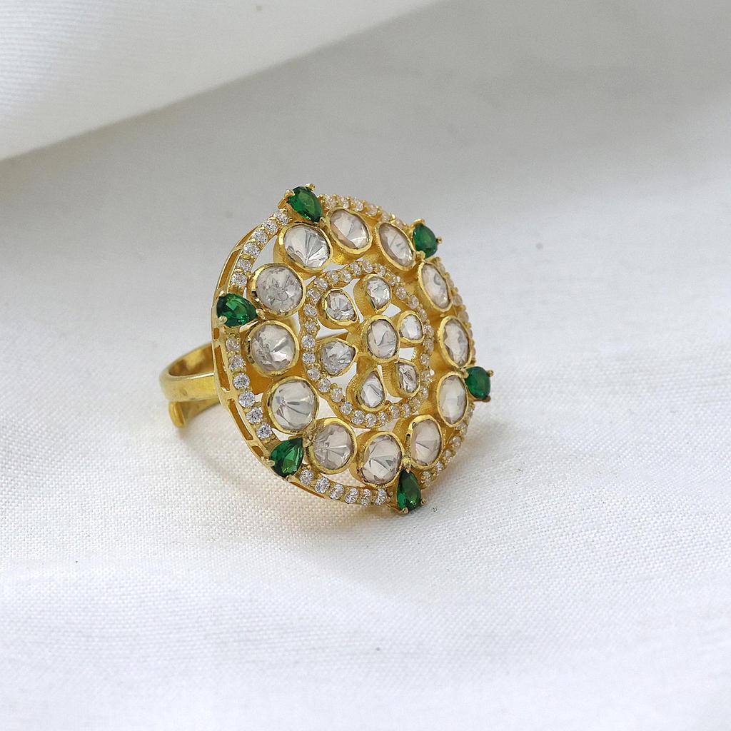 Inel Indian Kundan pentru Femei Argint Sterling 925 Bijuterii Handmade, Inel Kundan cu Finisaj Auriu, Inel Statement pentru Femei Inel Polki, Inel Ajustabil cu Moissanit