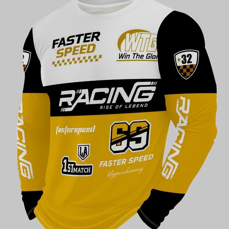 Men's Round Neck T-Shirt / Long Sleeve / Trendy Racing Element Print Top / Individual Letter Pattern Casual Wear