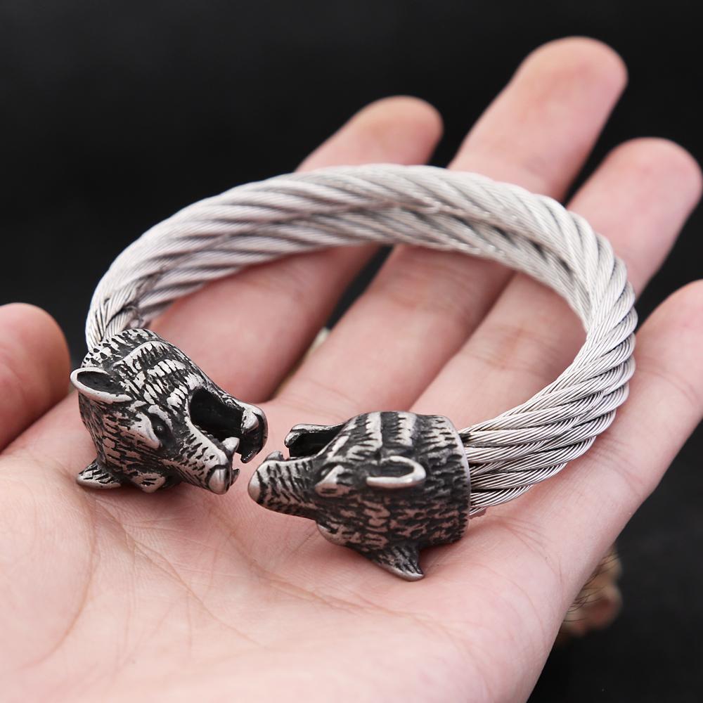 Retro Viking Double Wolf Head Bracelet for Men Punk Stainless Steel Twisted Cable Open Cuff Bangle Bracelet Dropshipping