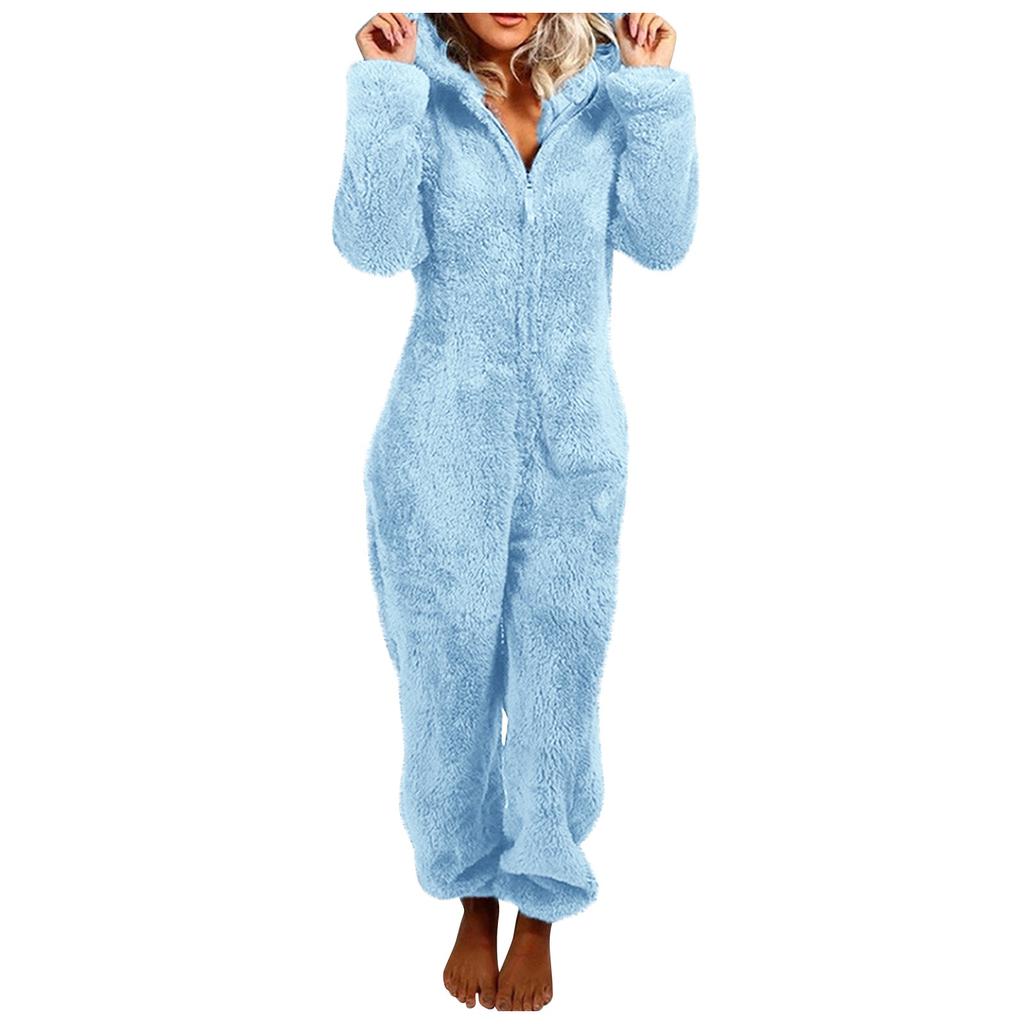Damen Langarm-Overall mit Kapuze, Pyjama, lässiger Winter-warmer Strampler, Nachtwäsche