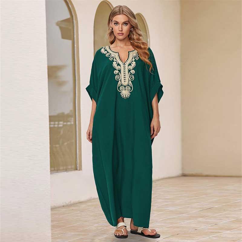 

EDOLYNSA Плюс размер вышитый кафтан однотонный кисточкой летнее длинное пляжное платье женская домашняя одежда наряд купальник прикрытие свободный кафтан One Size зелёный