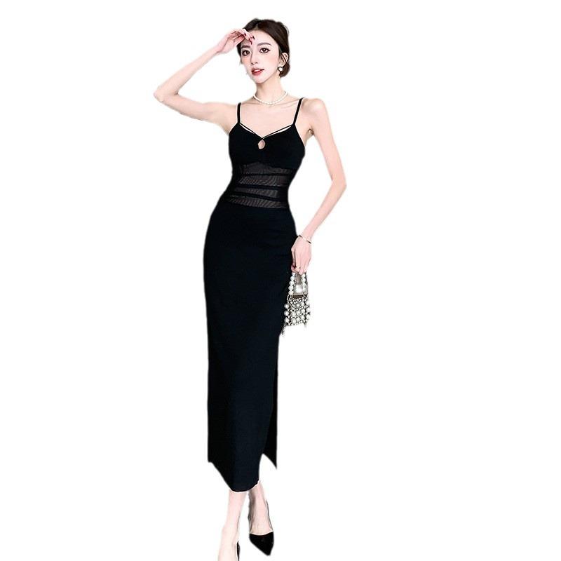 Korean Version of the New Summer Pure Desire Style Spice Girl Design Sense Suspender Skirt Women's Empty Mesh Sexy Hip-wrapped Split-ended Long Dress