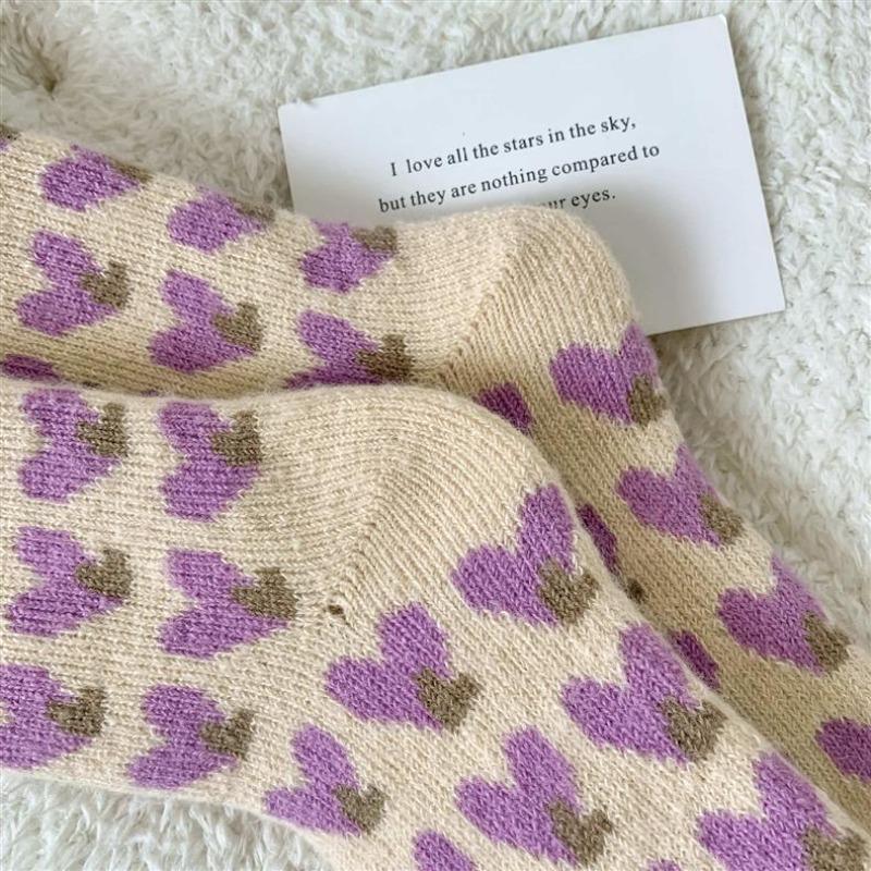 Women Autumn Winter Mid Length Socks Fashionable Versatile Purple Heart-Shaped Soft Warm Comfortable Casual Long Socks