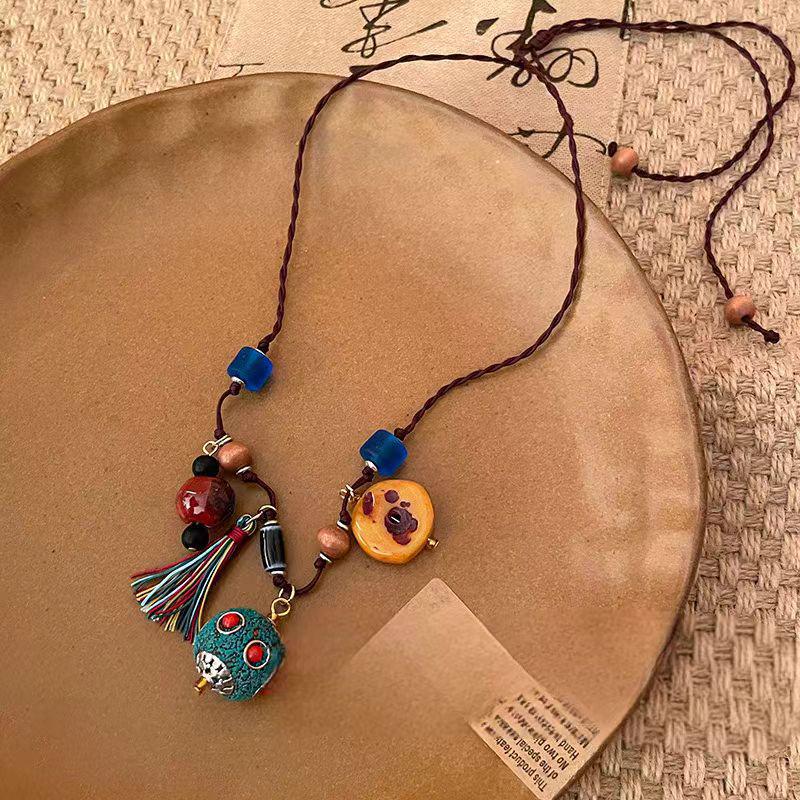 Ethnic Retro Tibetan-Style Lantern Necklace - Women’s Long Sweater Chain with Cotton Linen Accents