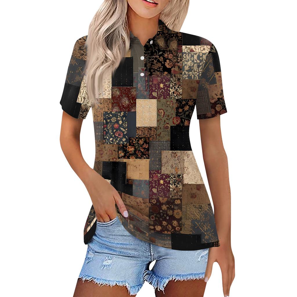 Damenmode Casual Revers Kurzarm Bedrucktes Hemd Damen Button Up Tops