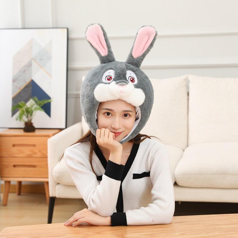 Grey smiley rabbit headgear, hat, plush headgear, photo props, cartoon headgear.