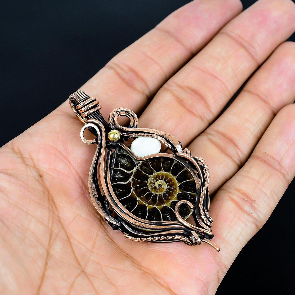 Ammonite Fossil 999 Copper Wire Wrapped Pendant, Handmade Gemstone Jewelry Pendant For Memorial Day