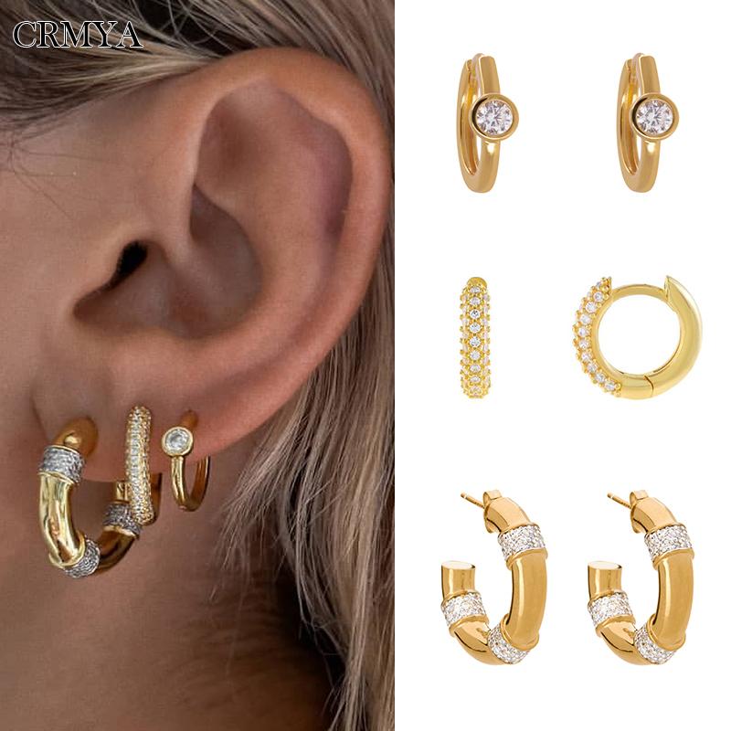 CRMYA Gold Plated Hoop Earrings For Women Classic Cubic Zirconia Piercing Women's Big Hoop Earrings Set Jewelry