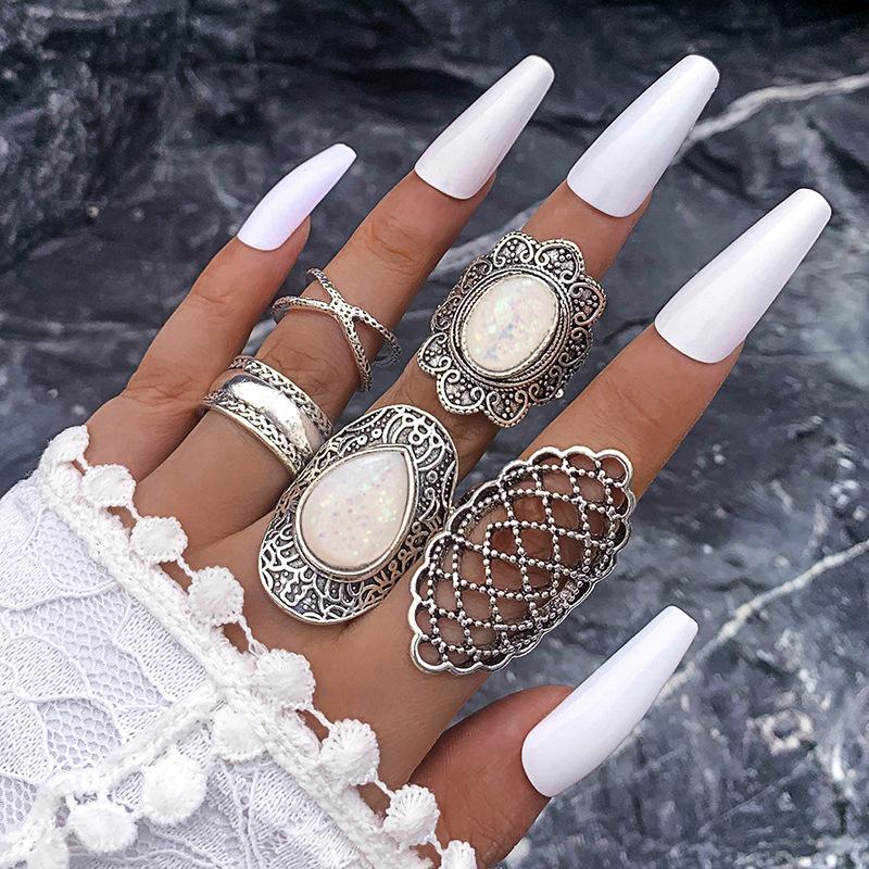 Black and White Emerald Ring, Personalized Retro Drip Cross Hollow Wide Edge Ring 5-piece Set for Men and Women