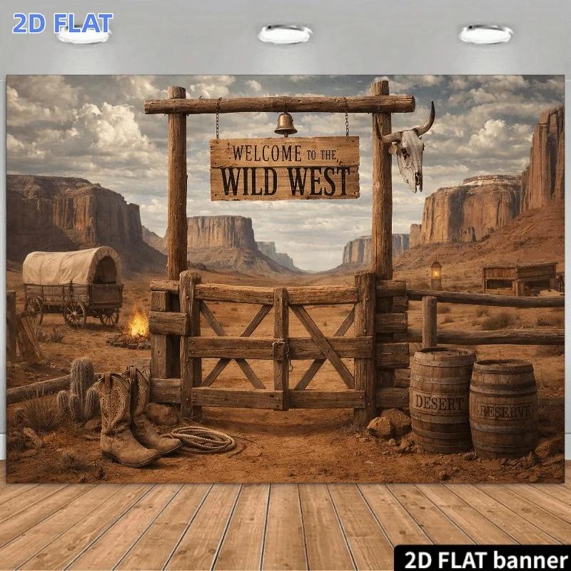 2D Flat 1-piece Product - Wild West Cowboy Background Fabric - Featuring Wooden Fence Gate and Cow Skull - Yzb