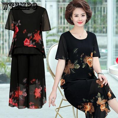 Middle-aged Women's Plus Size 2pcs Chiffon Shirt Pants Suit Spring and Summer Short Sleeve Loose Casual Printing Two-piece Set