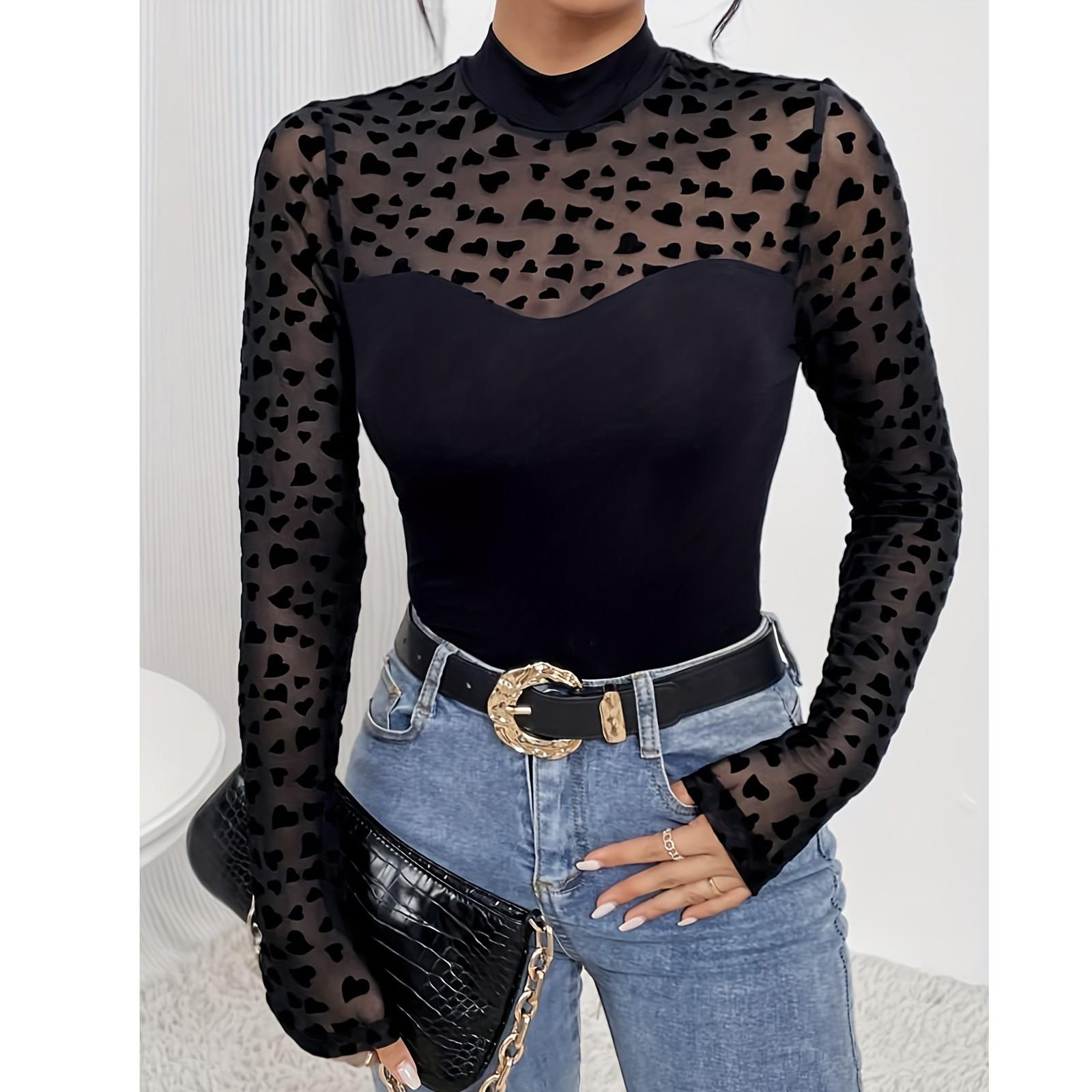 

Женская повседневная свободная однотонная сетчатая футболка с длинными рукавами и приталенным кроем L чёрный