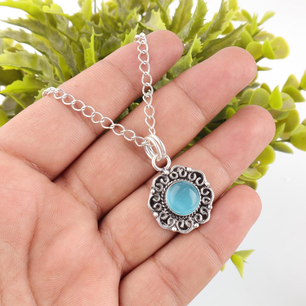 Blue Cat's Eye Gemstone Pendant, 925 Sterling Silver Pendant Jewelry, Handmade Jewelry Pendant, Balancing Jewelry Gift For Women