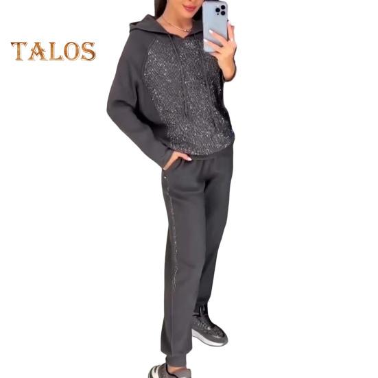 

2 шт./комплект женский костюм с капюшоном и брюками, декорированный стразами, с длинными рукавами, пэчворк, спортивная толстовка с эластичной талией, брюки, фитнес-костюм, осенне-весенний спортивный костюм XXL темно-серого