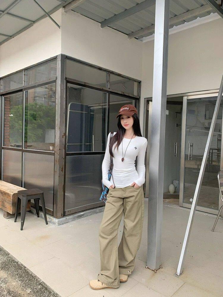 Women's Slim Fit Long Sleeve Embroidered Top - Round Neck, Elastic, Elegant Base Layer for Autumn & Winter