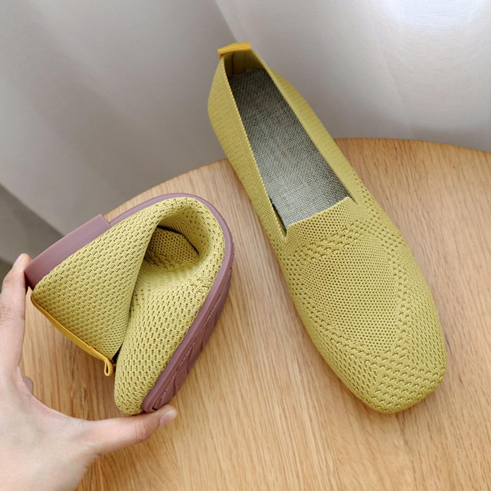 Fashion Womens Knitted Fabric Flat Shoes 2025 Spring Autumn Square Toe Soft Sole Comfortable Big Size Flats Shoe Women Ladies Shoes
