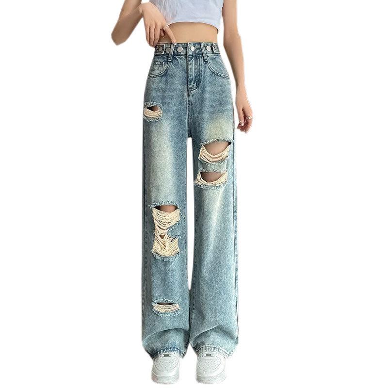 Verstellbare Jeans mit weitem Bein und mehreren Knöpfen, zerrissene, hoch taillierte, lässige, drapierte, gerade Hose