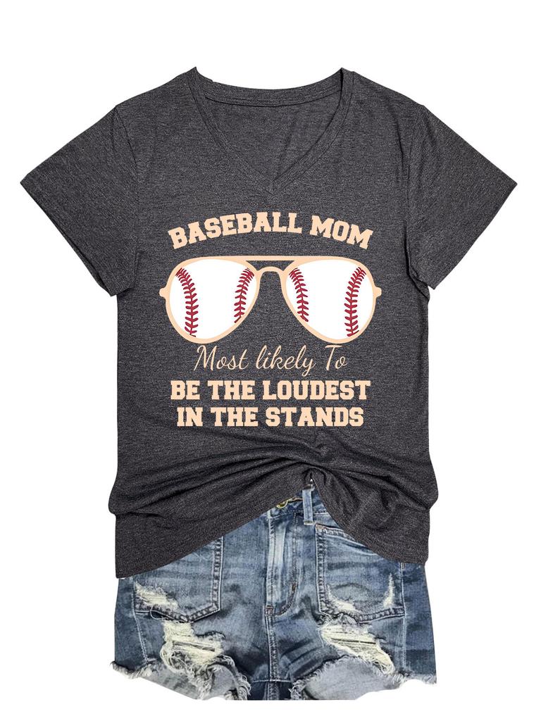 Summer New Short Sleeve Tshirt Baseball Mom Print Loose Vneck Casual Fashion Top