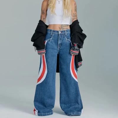 Amerykańskie jeansy vintage z wysokim stanem Y2K Luźne patchworkowe spodnie jeansowe Spodnie z szerokimi nogawkami Streetwear