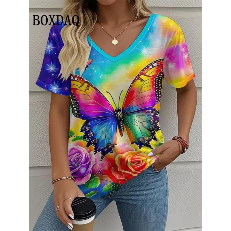 Casual V-Neck Women's T-shirt Summer Outdoor Fashion Short Sleeve Tops Floral Print Butterfly Pattern Plus Size Women's Clothing