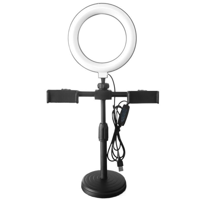 Height-Adjustable Portable Desktop Selfie Stand with Dual Camera Mounts and Fill Light for Live Streaming and Photography