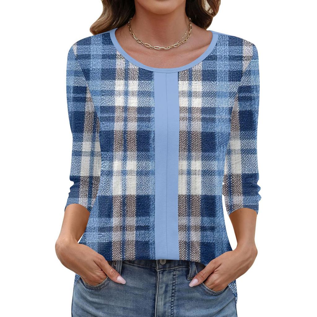 Modisches, lässiges Pullover-Oberteil mit Dreiviertelärmeln und bedrucktem Kragen für Damen