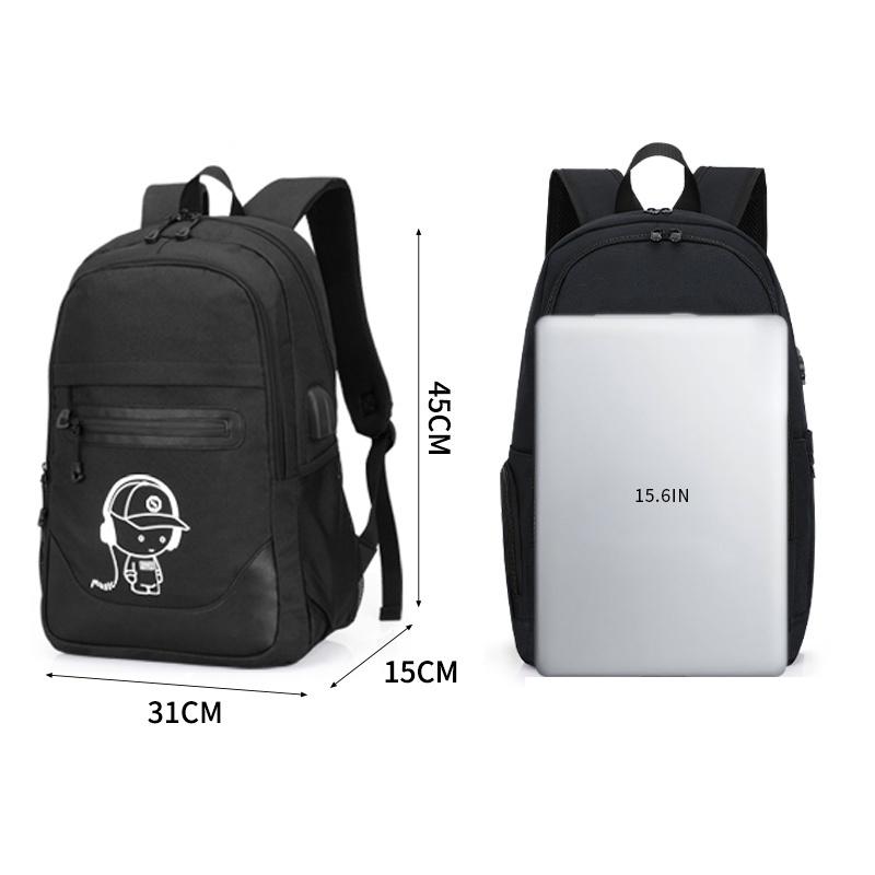 Cute Cartoon Printed Night Luminous Waterproof Laptop Backpack With Usb Charging