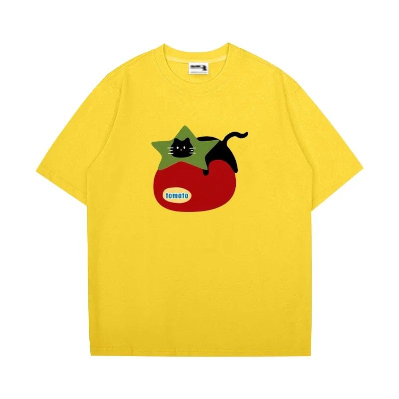 Mens Printed TShirt 100 Cotton Simple ShortSleeved Cat and Tomato Pattern 100 Cotton Fashion Loose Comfortable TShirt S