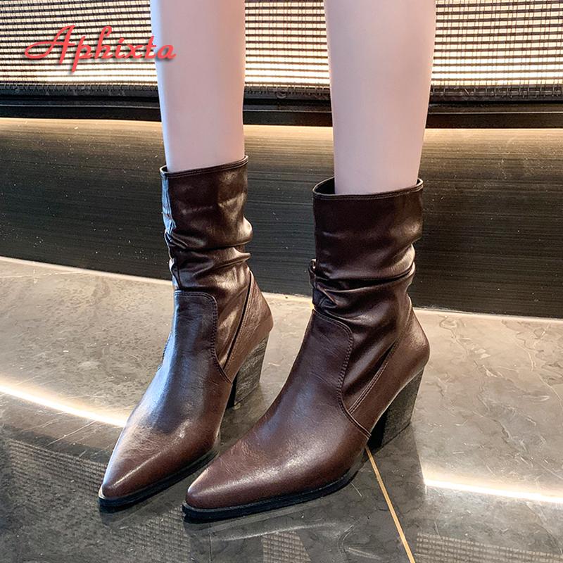 Aphixta 7cm High Heels Modern Boots Black Pleated Ankle Boots Women Winter Boot Pointed Toe Shoes botas mujer botines