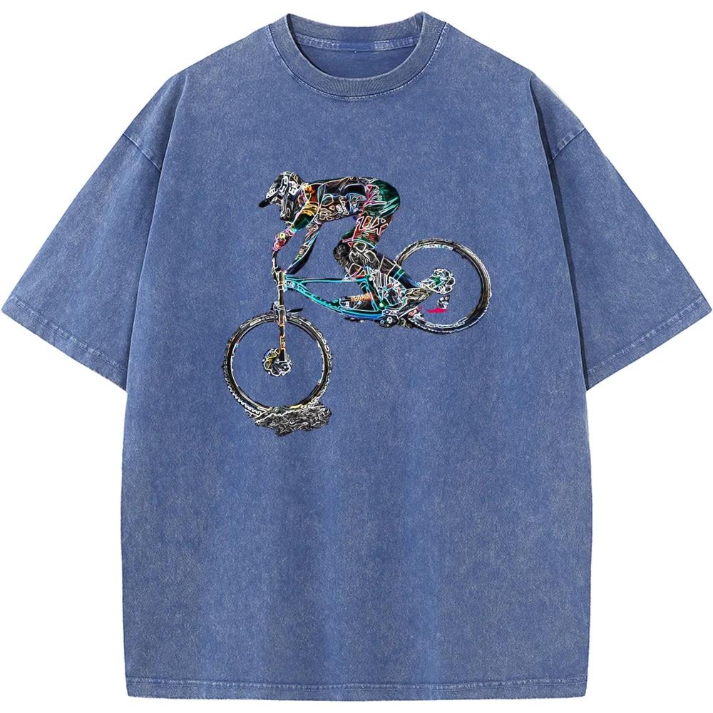 Colorful Mountain Bike Print Short-Sleeved Shirt Cotton O-Neck Washed T-Shirt Novelty Casual Loose Bleach T Shirt