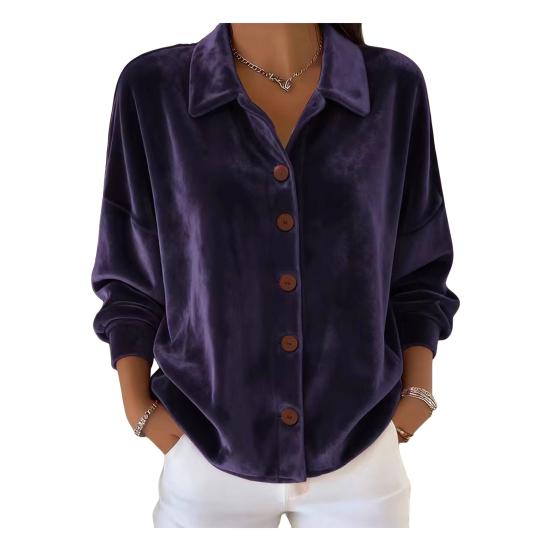 Women Shirt Lapel Long Sleeve Velvet Texture Solid Color Shirt Tops Loose Fit Buttons Placket Commuter Tops Work Wear
