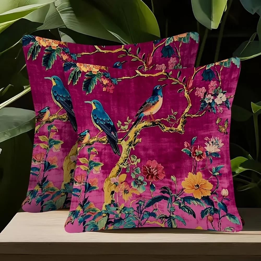 Pink Floral Bird Pillow Cover Double Sided 2Dprint Soft Polyester Cushion Case Living Room Bedroom Sofa Couch Boho Decor Vibrant