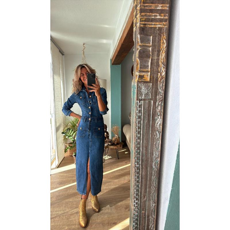 Buttons Denim Dress Autumn Women   Turn Down Collar Jean Dresses Female Vintage Casual Cowboy Long Dress