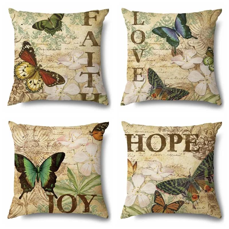 Rose Flower Butterfly Printing Cotton Linen Pillowcase Modern Living Room Decorative Sofa Cushion Cover Home Pillow Cover