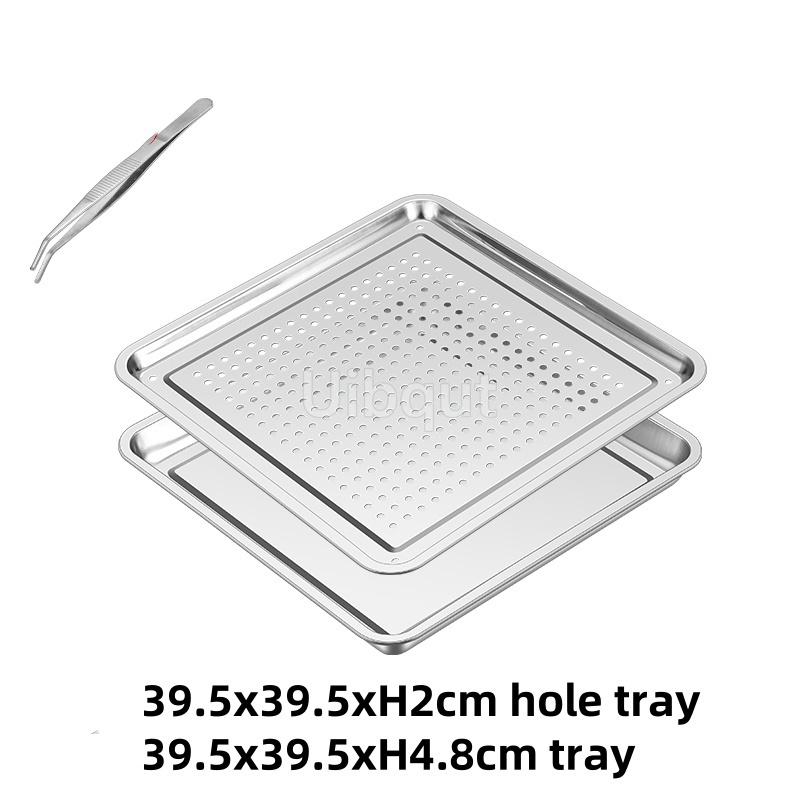 Stainless Steel Rectangle Dinner Tea Tray Double 2 Layer Dumpling Oil Leaking Hole Basin Steaming Draining Hole Plate with Basin