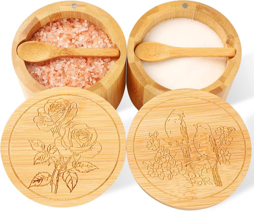 Bamboo Salt Cellar, 2 PCS Salt Container with Built-in Spoon, Salt Box Bowl with Magnetic Swivel Lid, Elegant Kitchen Salt Holder Saver Jar To Storage