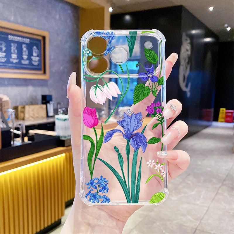 Hot-selling foreign trade colored tulip Apple 16 mobile phone case iPhone17pm anti-drop transparent soft case 15 protective case