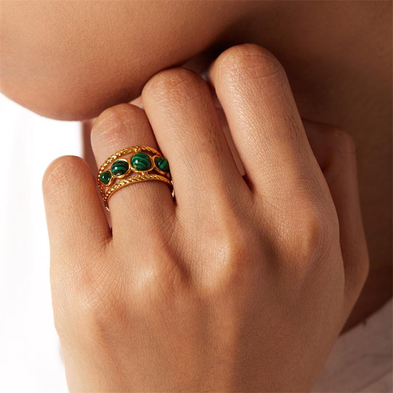 Stainless Steel Golden Plated Metal Bohemia Green Stone Ring for Women Fashion Adjustable Open Rings Jewelry Birthday Gifts
