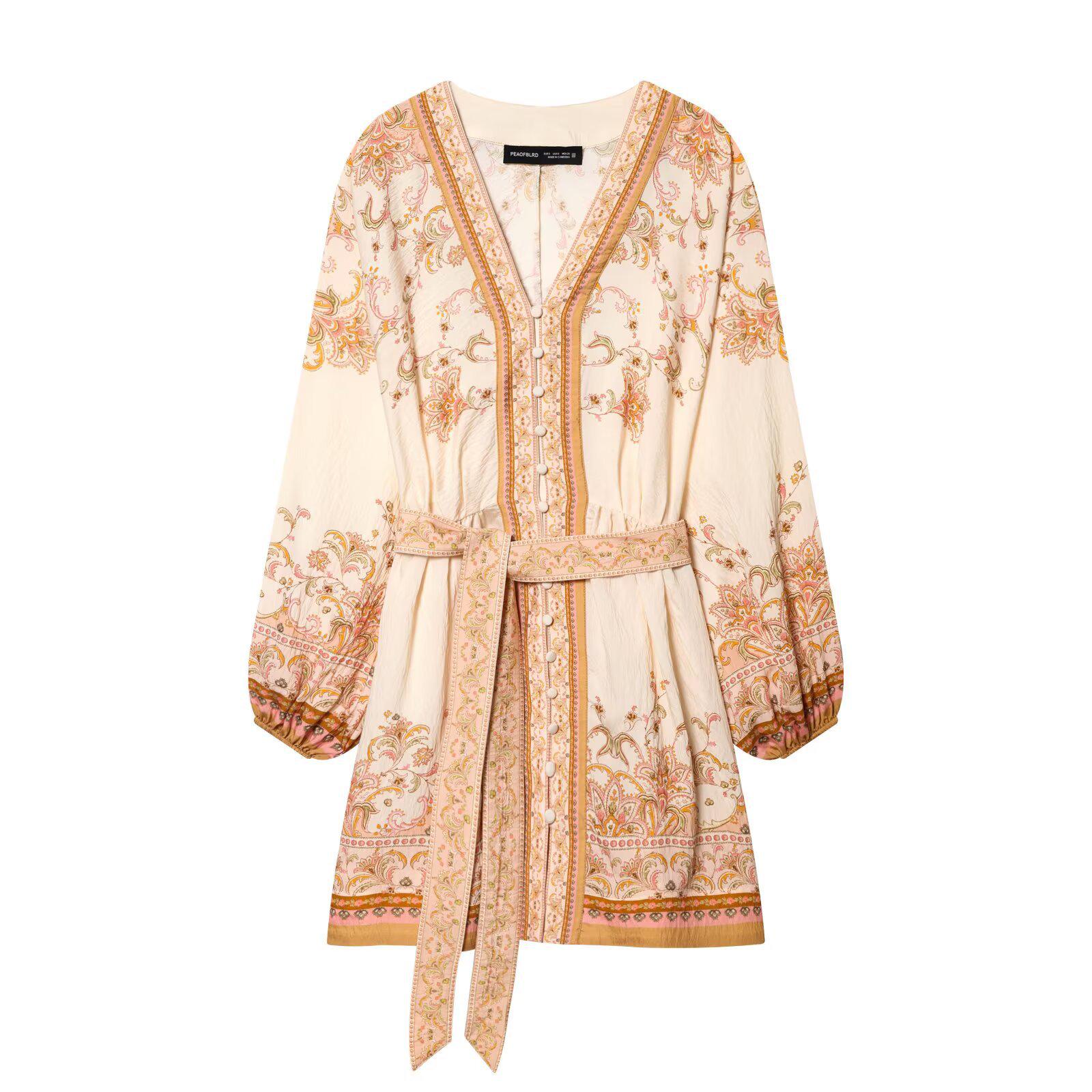 2026 Spring European Style Women s Long Sleeve V-neck Holiday Dress S