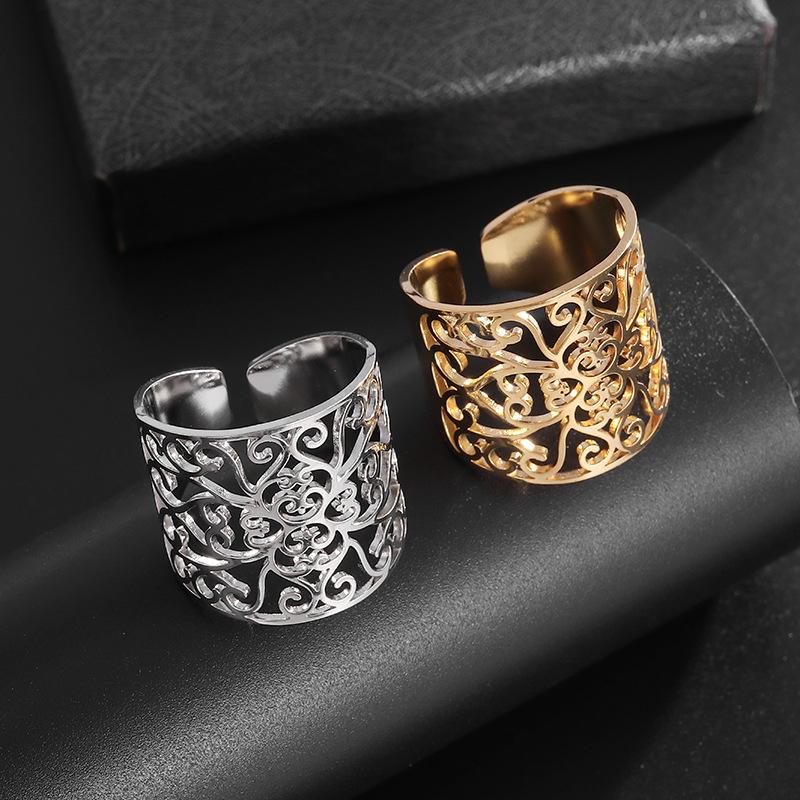 European and American Style Domineering Retro Fashion Ring with Adjustable Stainless Steel Hollow Pattern Ring Opening