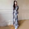 Women's Retro Tie-Dye Mesh Midi Dress - Waist-Slimming Long Sleeve (2025 Spring/Autumn)