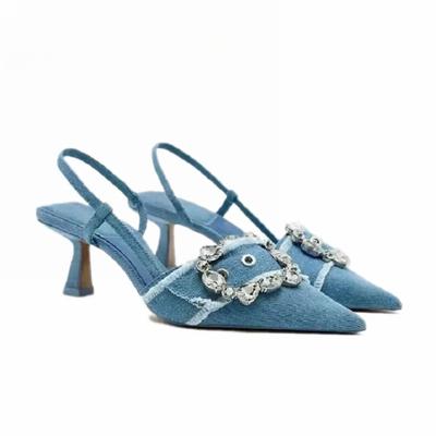 Women High Heeled Sandals Fashion Denim Rhinestone Glitter Slingback Woman Pumps Pointed Toe High Heels Elegant Woman Shoes