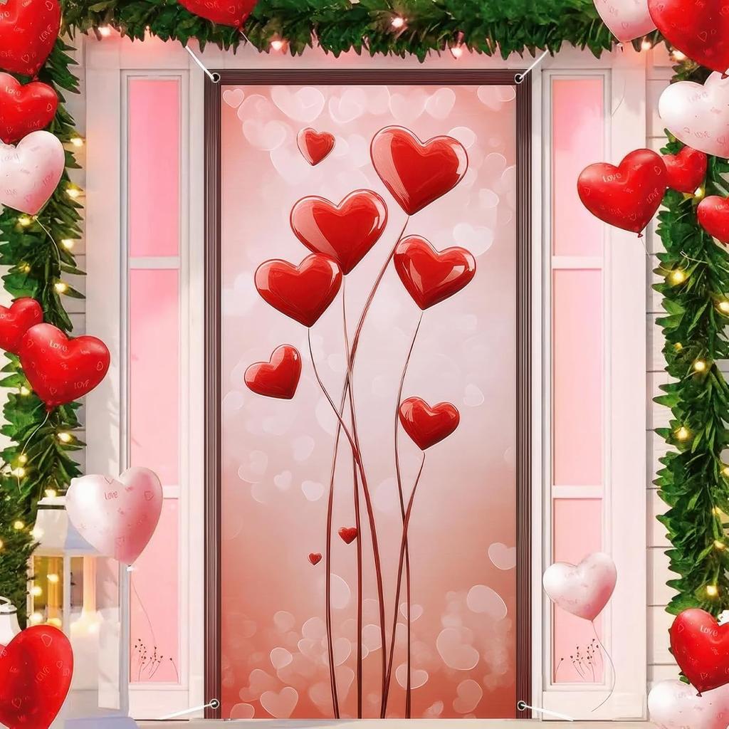 Valentine’s Day Door Cover 71x35 Inch Buffalo Plaid Gnome Door Banner with Heart and Roses Romantic Decoration for Front Door Indoor Outdoor