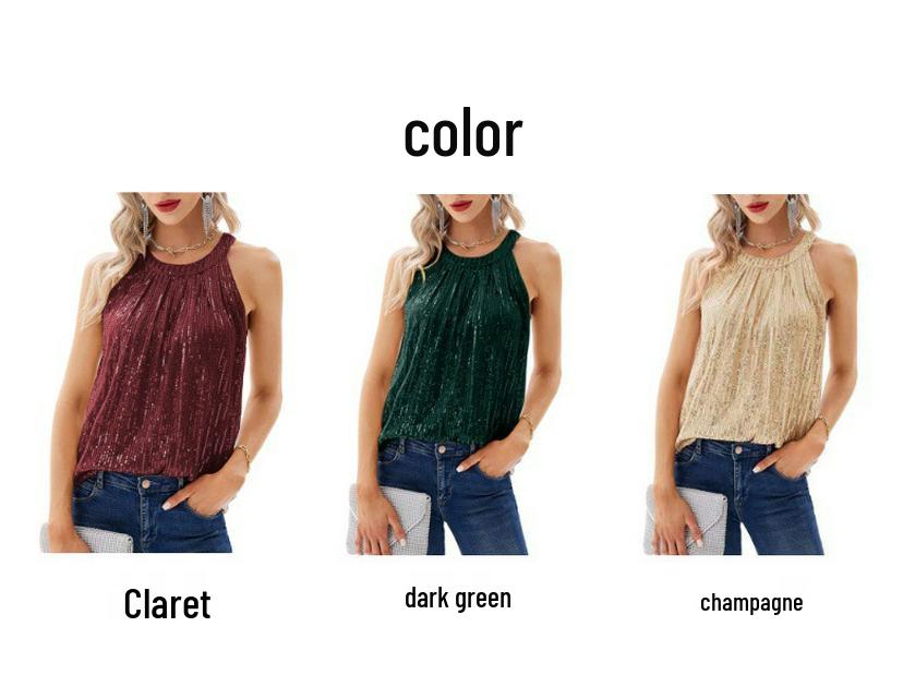 2024 Summer Sequin Halter Vest: Women's Sexy Solid Color Micro-Elastic Camisole
