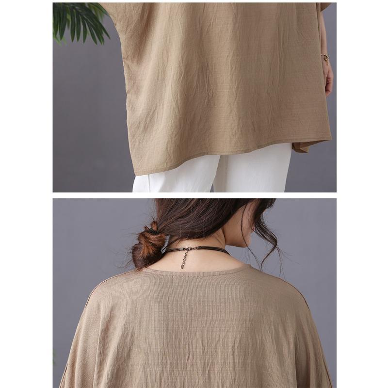 Sommer Baumwolle Hanf Bluse Künstlerisch Locker Lässig Fledermausärmel Großer Rundhalsausschnitt Oberteil T-Shirt für Damen