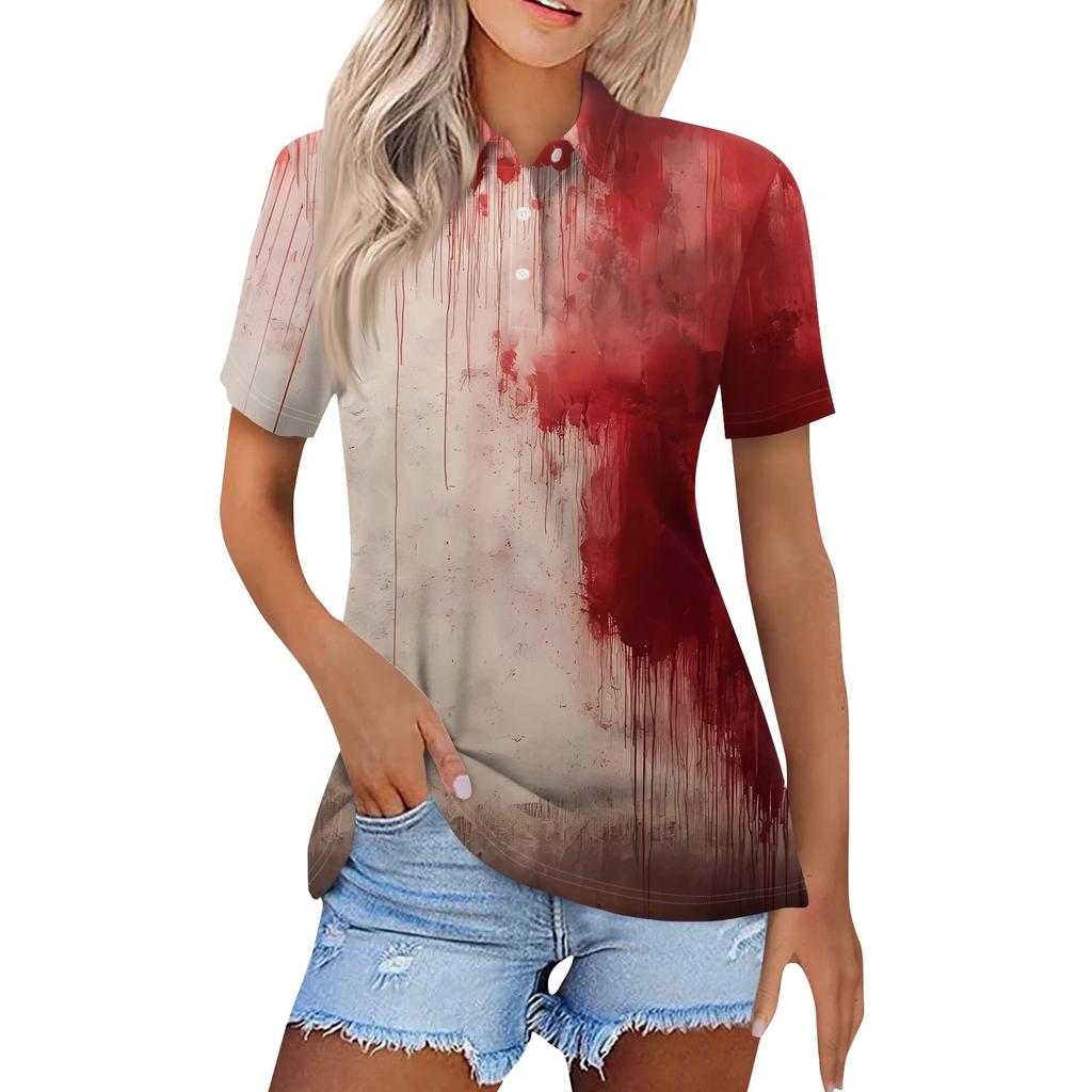 Dámská móda Ležérní klopa Krátký rukáv Halloweenský potisk Košile Dámské zapínací topy