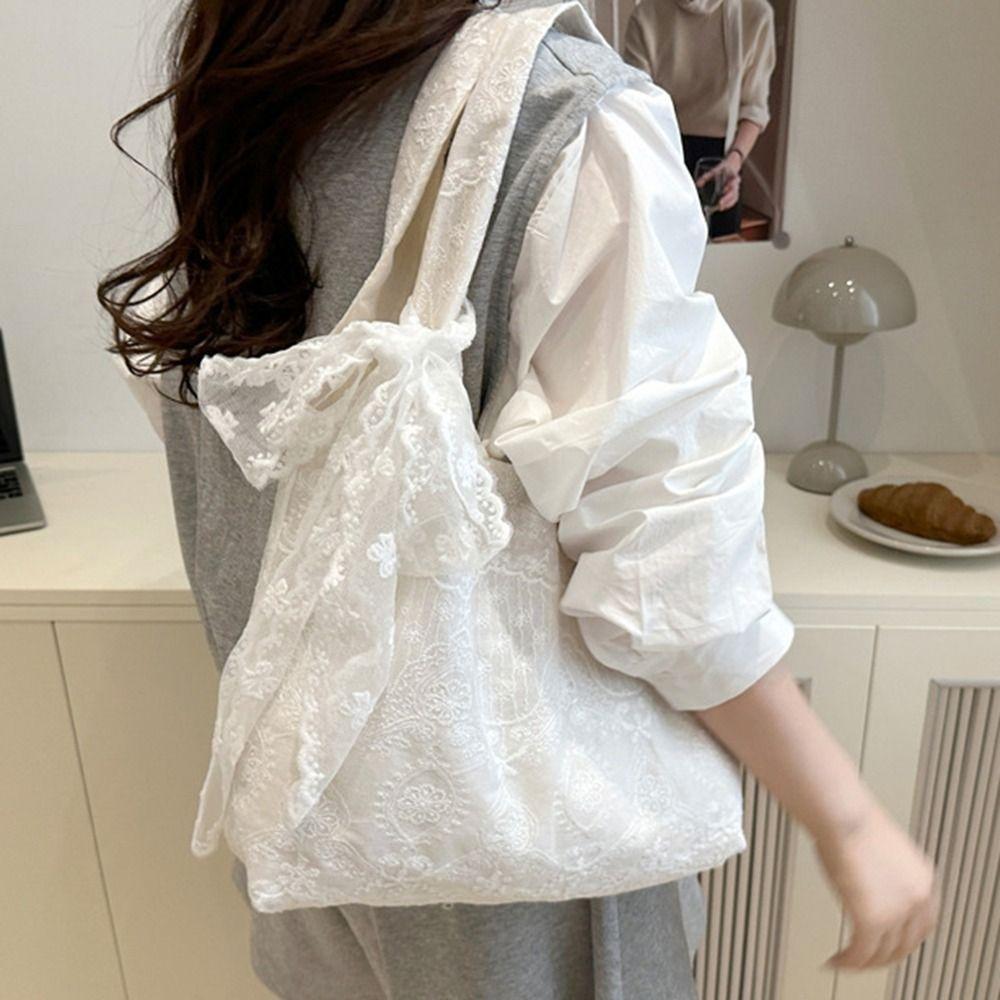 Korean Style Simple Canvas Handbag With Ribbon Large Capacity Bag Lace Shoulder Bag  School